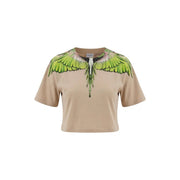Beige cotton cropped t-shirt by marcelo burlon featuring a green wing graphic with detailed black accents