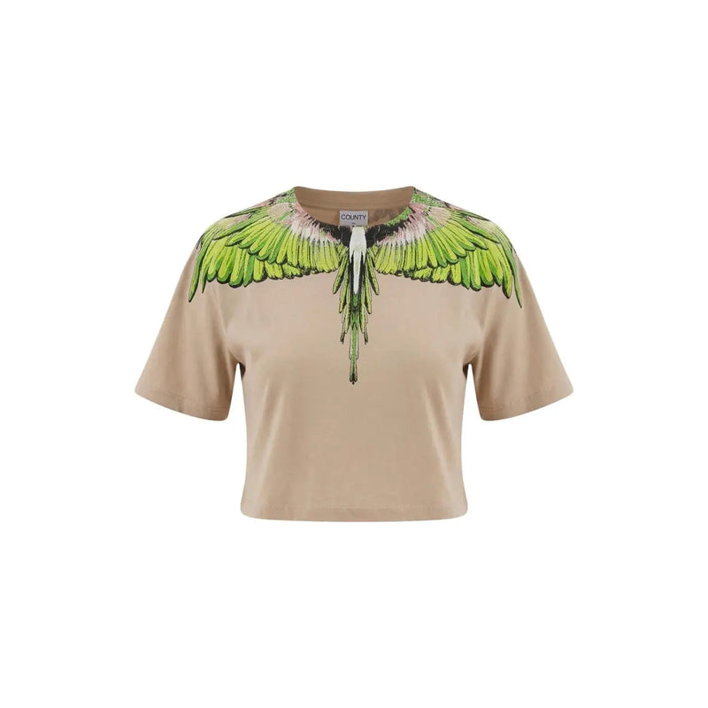 Beige cotton cropped t-shirt by marcelo burlon featuring a green wing graphic with detailed black accents