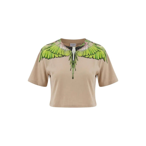 Beige Baumwoll-Crop-Top t-shirt von Marcelo Burlon mit einem grünen Flügelmotiv und detaillierten schwarzen Akzenten
