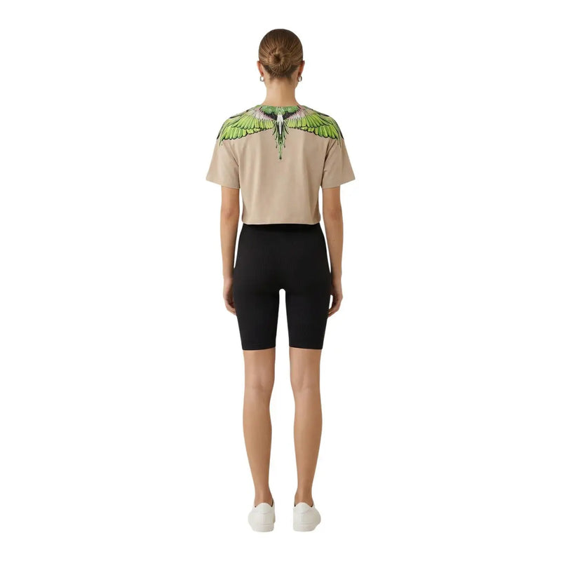 County of Milan women beige cotton round neck t-shirt with vibrant green and white wing graphic across the shoulders