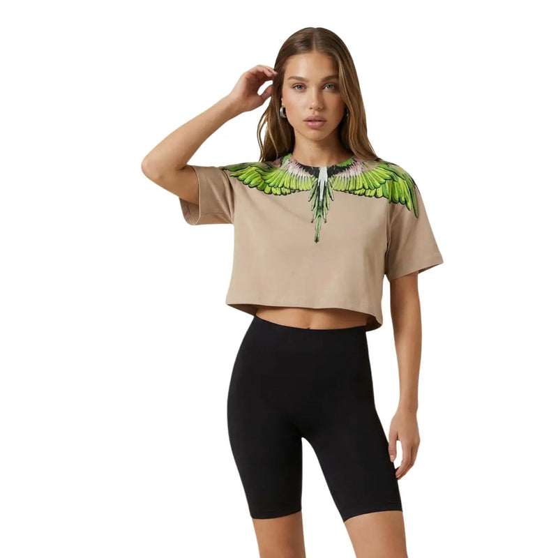 County of Milan women beige cotton cropped t-shirt with vibrant green and white wing design across shoulders