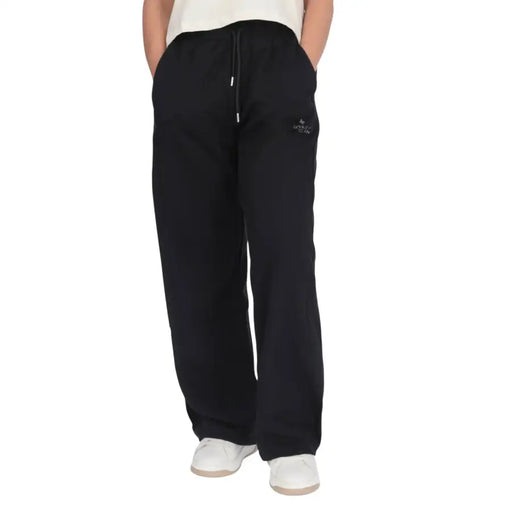 County of milan women black cotton trousers with laces featuring jogger style and embroidered logo on thigh