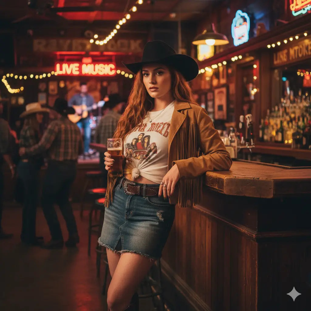 Chapeau de cowboy en cuir élégant avec bande noire et franges pour un look western