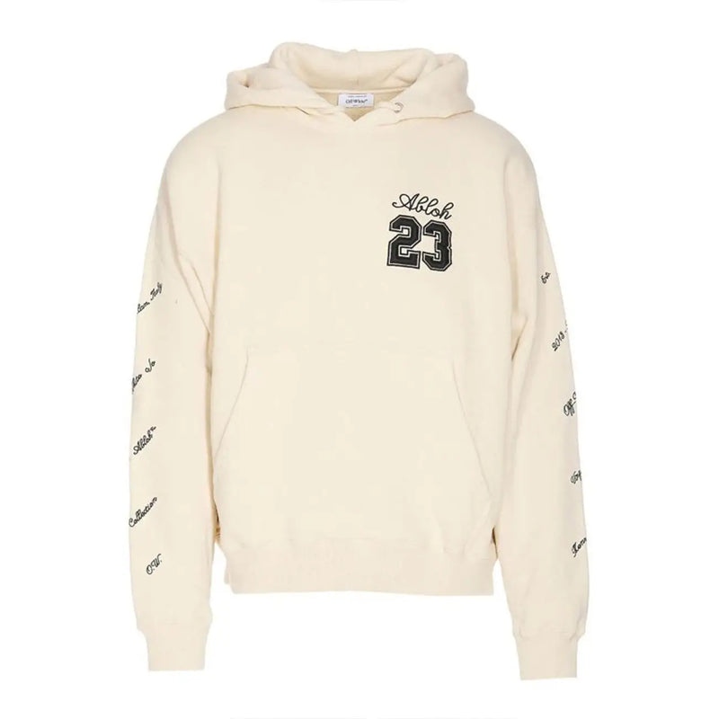 Cream-colored cotton hoodie with black Allah 23 graphic on chest and repeating script on sleeves in Abloh 23 design