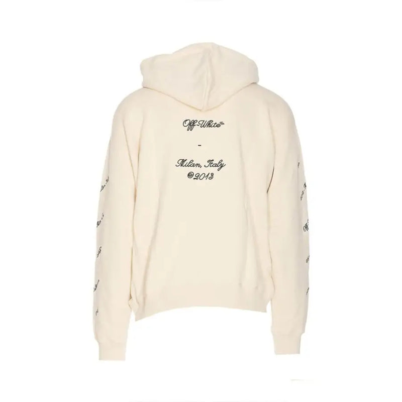 Cream hoodie back view in off-white with black embroidered Abloh 23 design branding and text on lightweight fabric