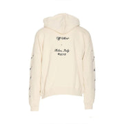Cream hoodie back view in off-white with black embroidered Abloh 23 design branding and text on lightweight fabric