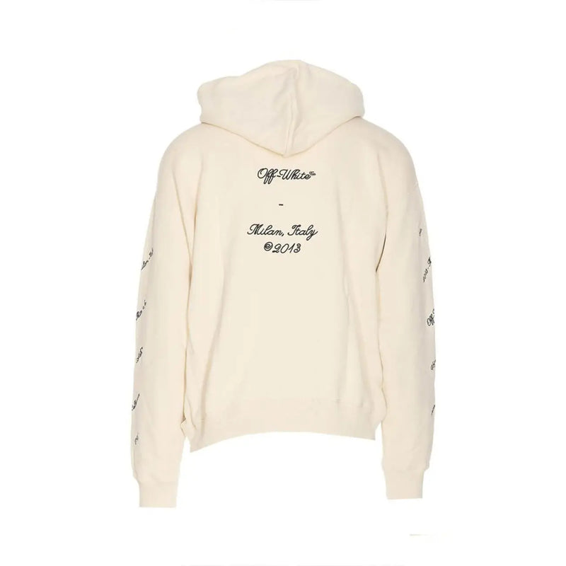 Cream hoodie back view in off-white with black embroidered Abloh 23 design branding and text on lightweight fabric