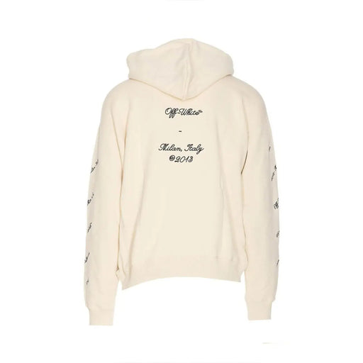 Cream hoodie back view in off-white with black embroidered Abloh 23 design branding and text on lightweight fabric
