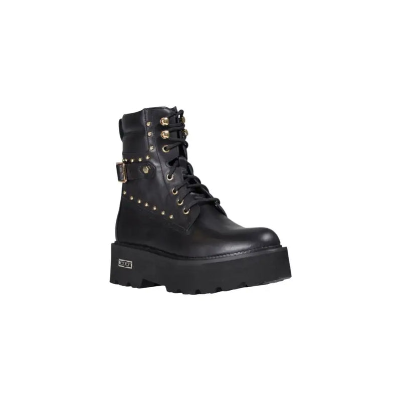 Cult black leather ankle boot with gold-tone studs laces and chunky platform sole viewed from the back