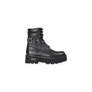 Cult black leather ankle boots with zip and laces featuring gold-tone studs, buckle detail, and thick platform sole