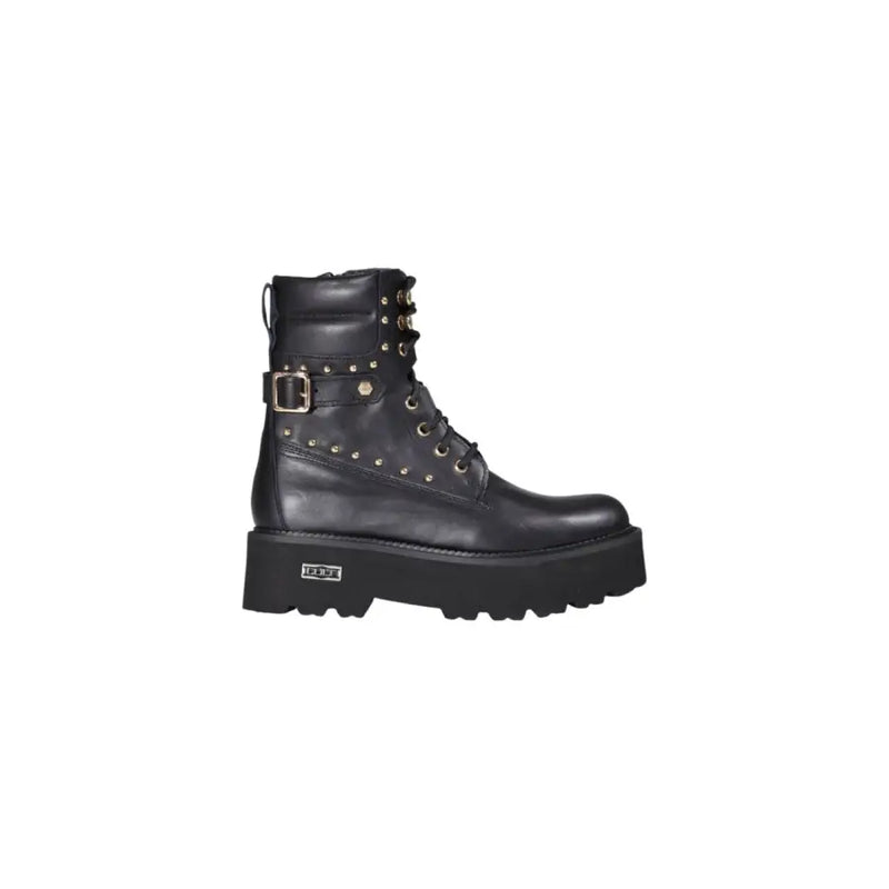 Cult black leather ankle boots with zip and laces featuring gold-tone studs, buckle detail, and thick platform sole