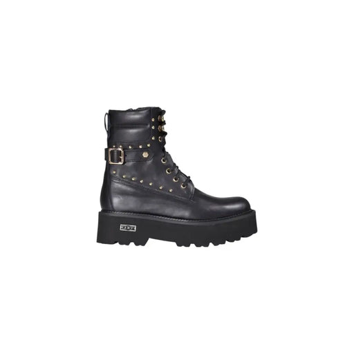 Cult black leather ankle boots with zip and laces featuring gold-tone studs, buckle detail, and thick platform sole