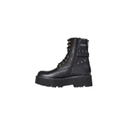 Cult black leather ankle boots with zip laces featuring gold tone eyelets and chunky platform sole in black leather