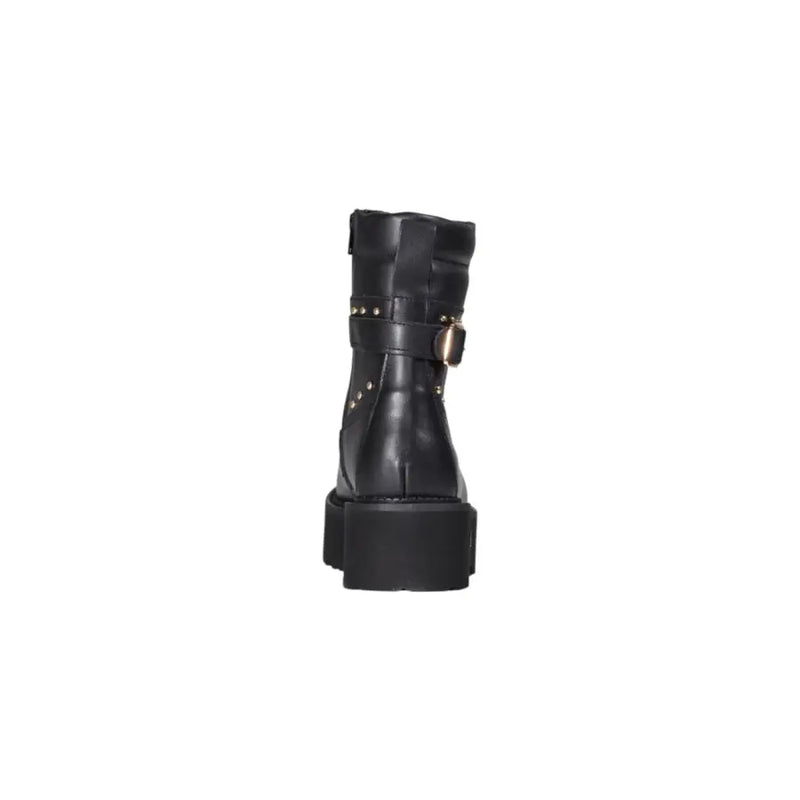 Cult black leather ankle boots with zip and laces featuring a chunky platform sole and gold-tone studded strap
