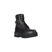 Cult Black leather ankle boots with gold studs, zip, laces, chunky sole