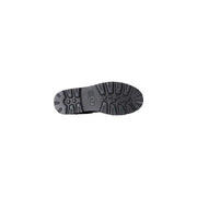 Black rubber sole with deep rugged tread and embossed brand logo on cult black leather ankle boots with zip and laces