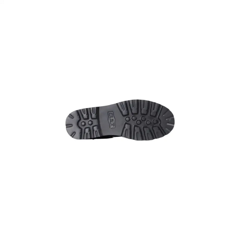 Black rubber sole with deep rugged tread and embossed brand logo on cult black leather ankle boots with zip and laces