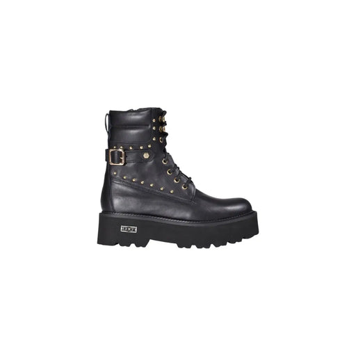 Cult black leather ankle boots with zip and laces featuring gold-tone studs, buckle detail, and thick platform sole