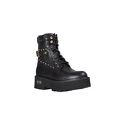 Cult black leather ankle boot with gold-tone studs laces and chunky platform sole viewed from the back