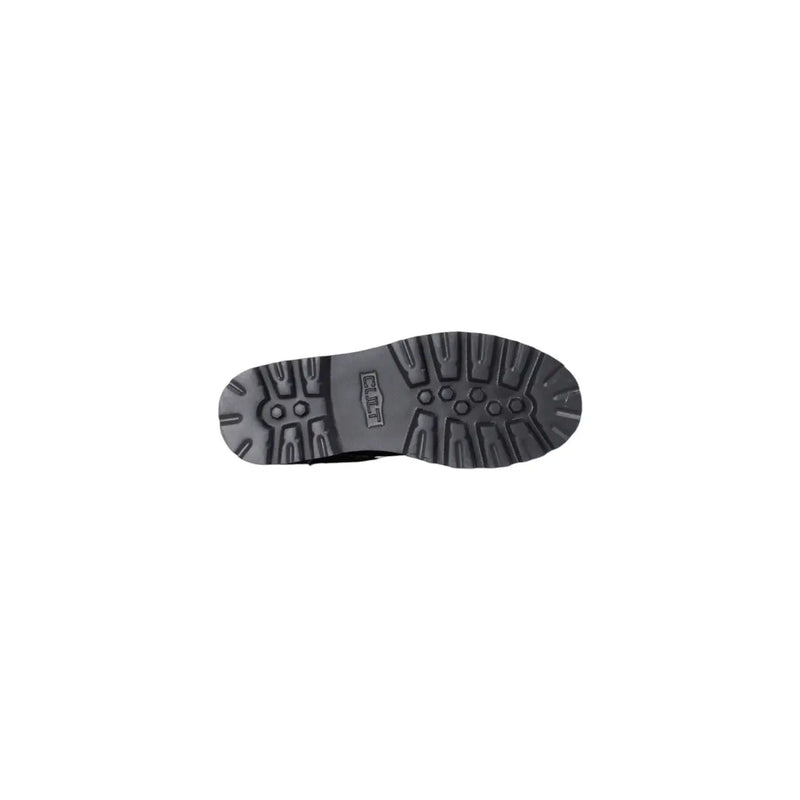 Black rubber sole with deep rugged tread and embossed brand logo on cult black leather ankle boots with zip and laces