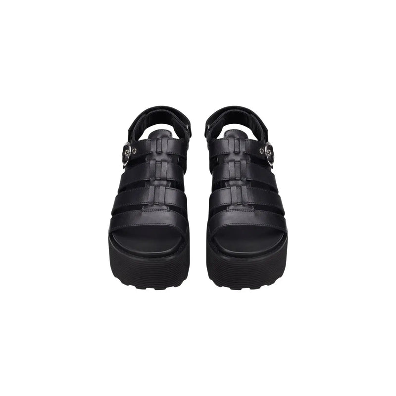 Cult women black leather platform sandals with woven strap design and silver-toned buckle accents