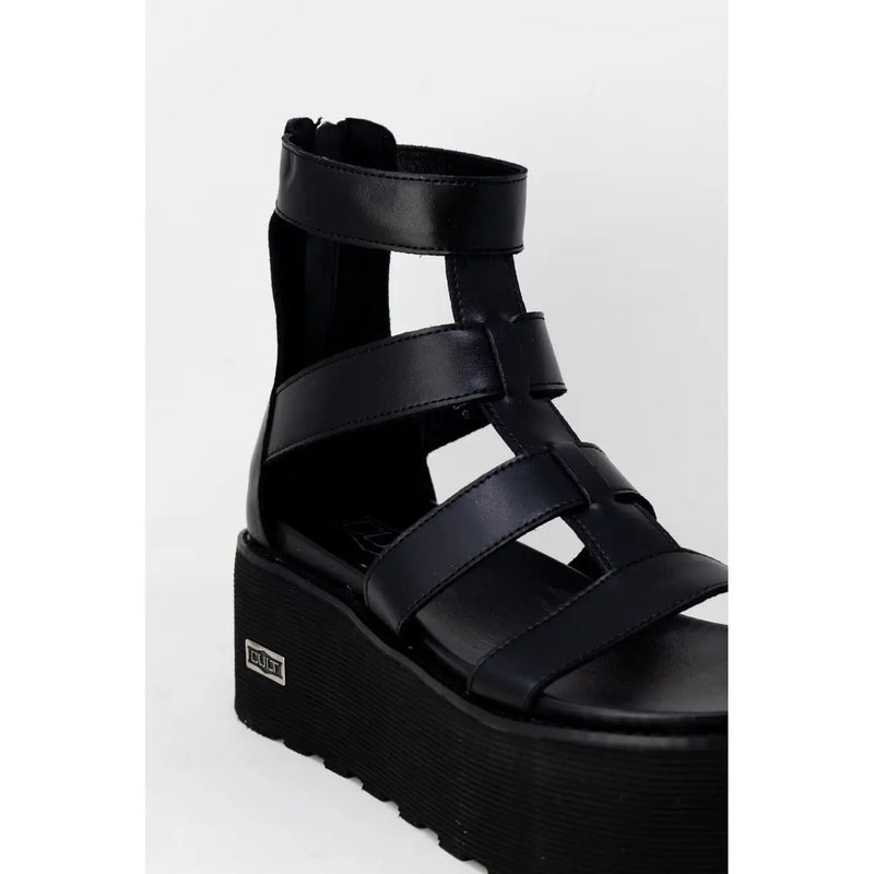 Black leather platform slip on sandal with multiple straps and chunky sole from Cult Women collection