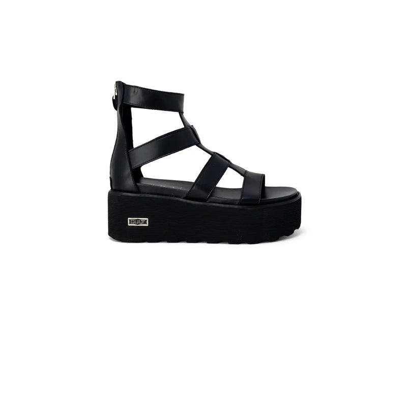 Black leather platform slip on sandal for women with multiple straps and a zipper closure on the back side
