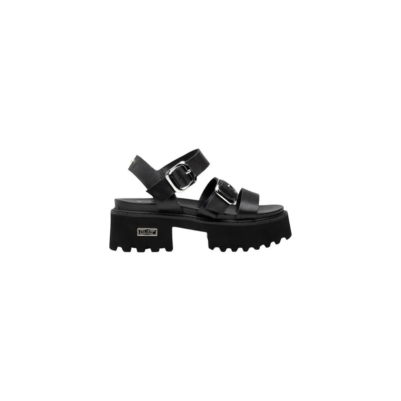 Black leather platform sandal with two adjustable straps and silver bow buckles from Cult Women collection