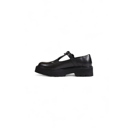 Kultige schwarze Clip-Sandalen für Damen aus Leder mit Plateausohle im Mary-Jane-Stil, klobiger Sohle und T-Riemen-Design.