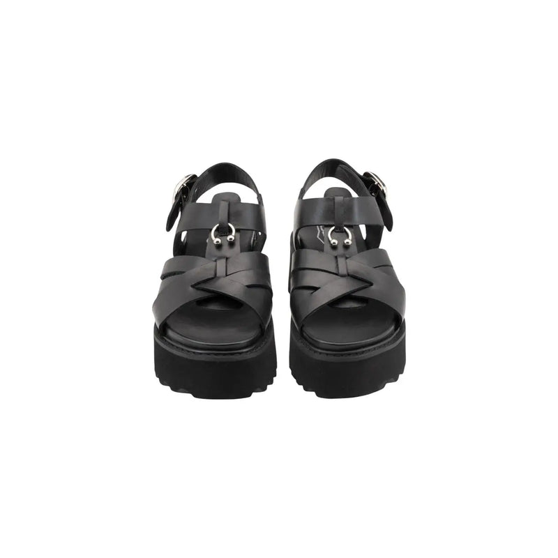 Cult women black leather sandals with crisscross straps silver metal buckles and a platform open toe design