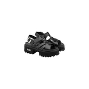 Black open toe leather platform sandals with a glossy finish and silver-toned buckles by Cult Women