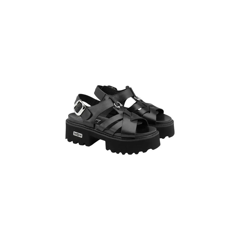 Black open toe leather platform sandals with a glossy finish and silver-toned buckles by Cult Women