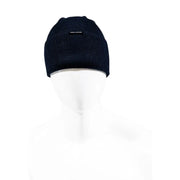 Dark blue knit beanie featuring a ribbed knit design by Armani Exchange made from soft fabric for cold weather use