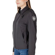 Dark gray collared tactical jacket with structured collar zippered front and embroidered patch on left shoulder