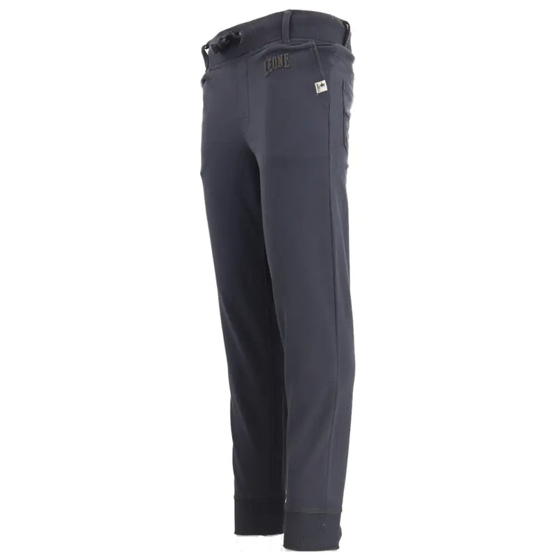 Dark gray sweatpants with drawstring waistband ribbed cuffs and cline logo on front pocket for athletic wear