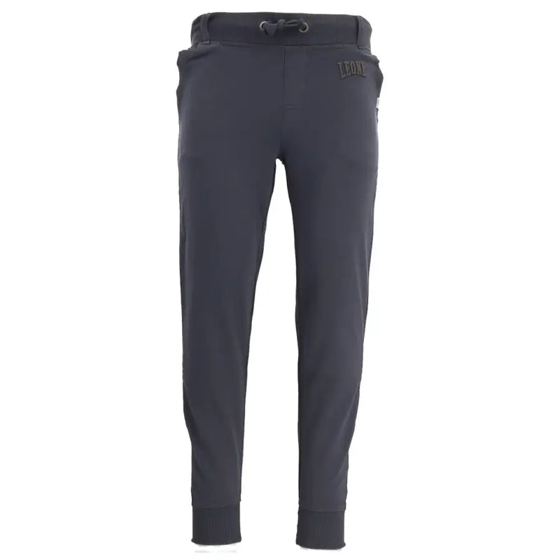 Dark gray sweatpants with drawstring waistband ribbed cuffs and leon logo embroidered on the upper right thigh