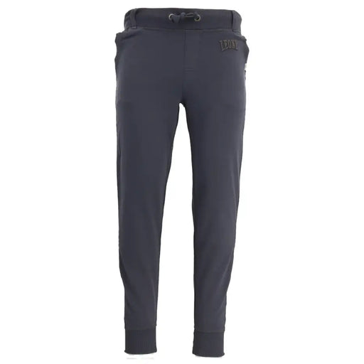 Dark gray sweatpants with drawstring waistband ribbed cuffs and leon logo embroidered on the upper right thigh