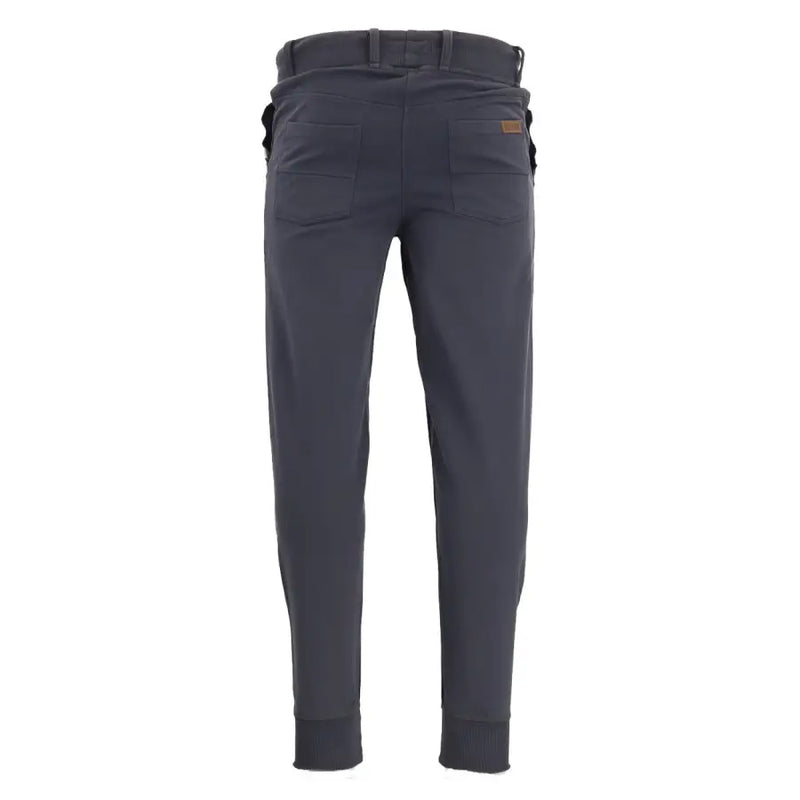 Dark gray sweatpants in slim-fit design with subtle texture and two rear pockets with brown leather-like patches visible from back