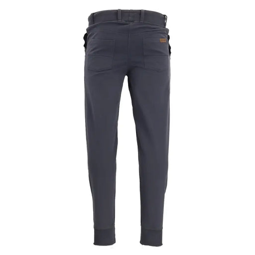Dark gray sweatpants in slim-fit design with subtle texture and two rear pockets with brown leather-like patches visible from back