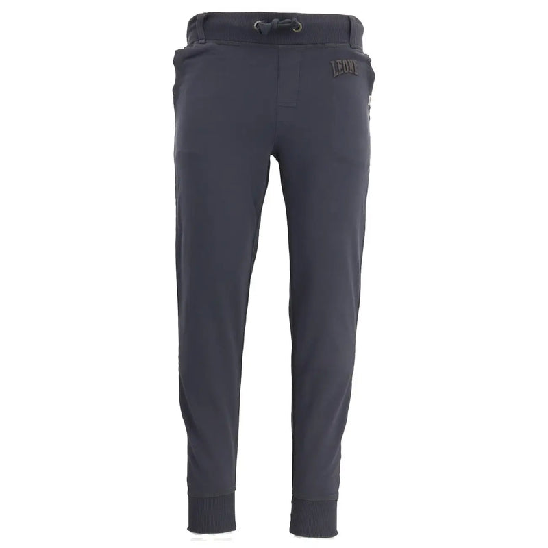 Dark gray sweatpants with drawstring waistband ribbed cuffs and leon logo embroidered on the upper right thigh