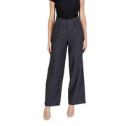 Dark gray wide-leg dress pants with high waist for women featuring zip and hook button