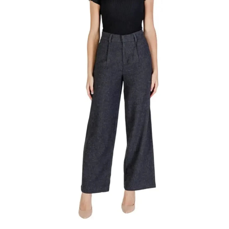 Dark gray wide-leg dress pants with high waist for women featuring zip and hook button