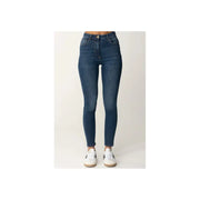 Dark wash blue denim high waisted skinny jeans with slim fit and classic stitching in dark blue denim material