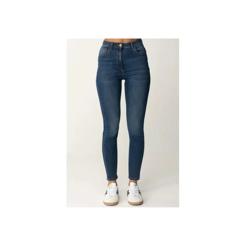 Dark wash blue denim high waisted skinny jeans with slim fit and classic stitching in dark blue denim material