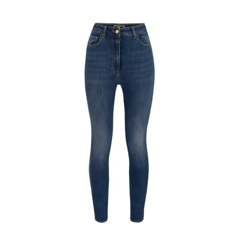 Dark wash blue denim high waisted skinny jeans with slim fit and gold tone button closure