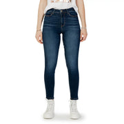 Dark wash skinny denim jeans featuring dark blue high-waisted fit with classic denim texture and subtle fading details