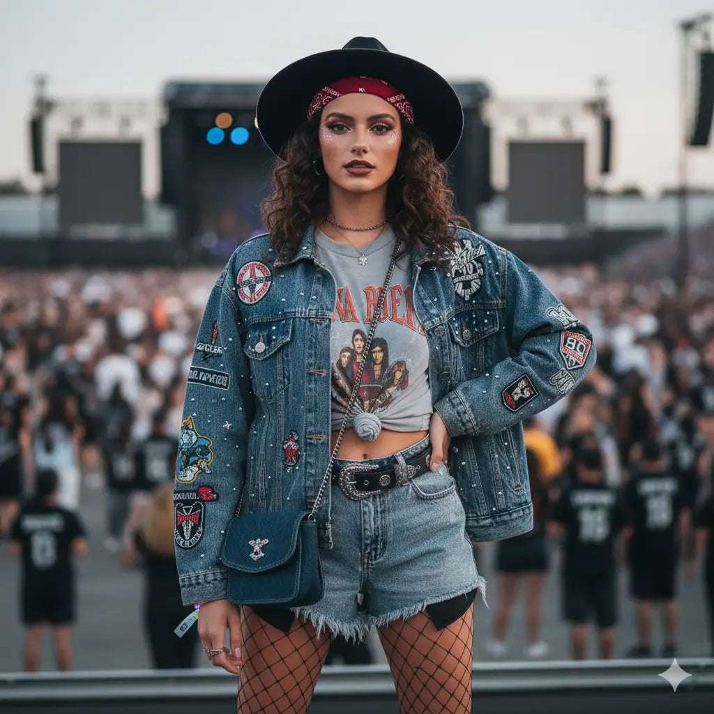 Veste en jean élégante avec patchs, chapeau de cowboy noir, t-shirt graphique et bas résille