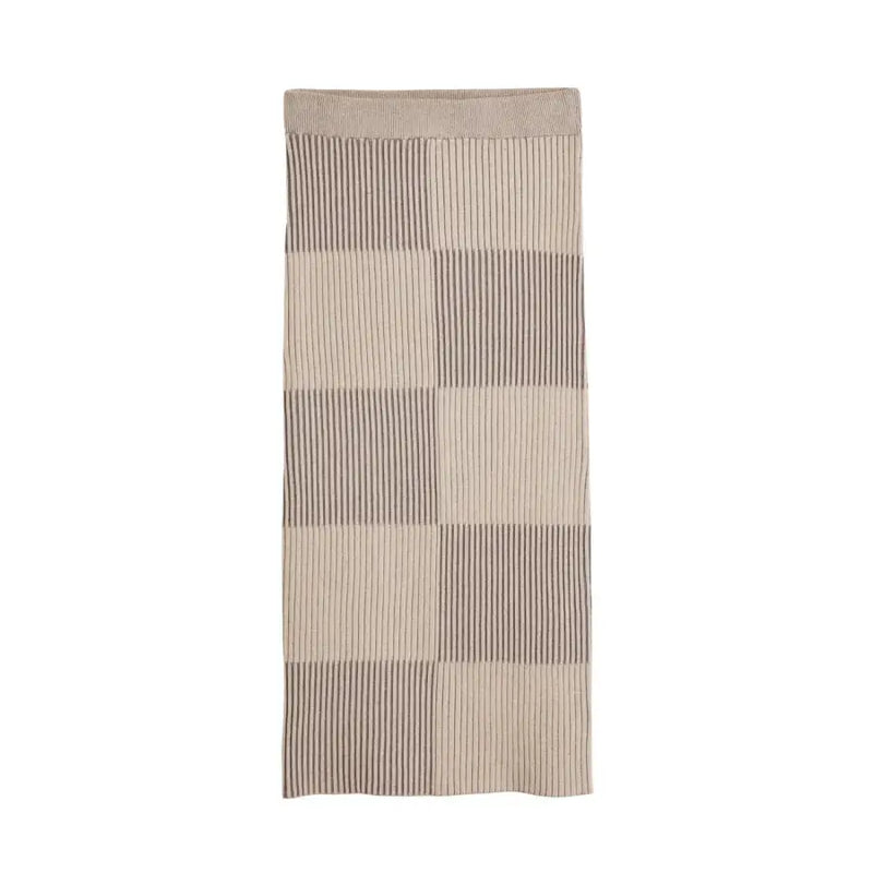 Desigual beige checked women skirt in ribbed knit with taupe geometric pattern of solid squares and striped panels