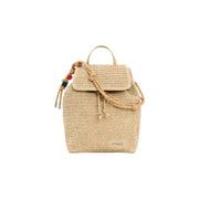 Beige woven straw backpack with drawstring closure and colorful beaded tassel accent by Desigual with pockets