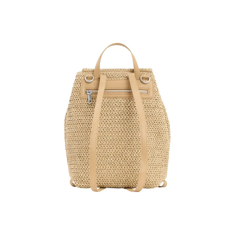 Desigual beige woven straw convertible handbag rucksack with tan leather straps and silver zipper accents